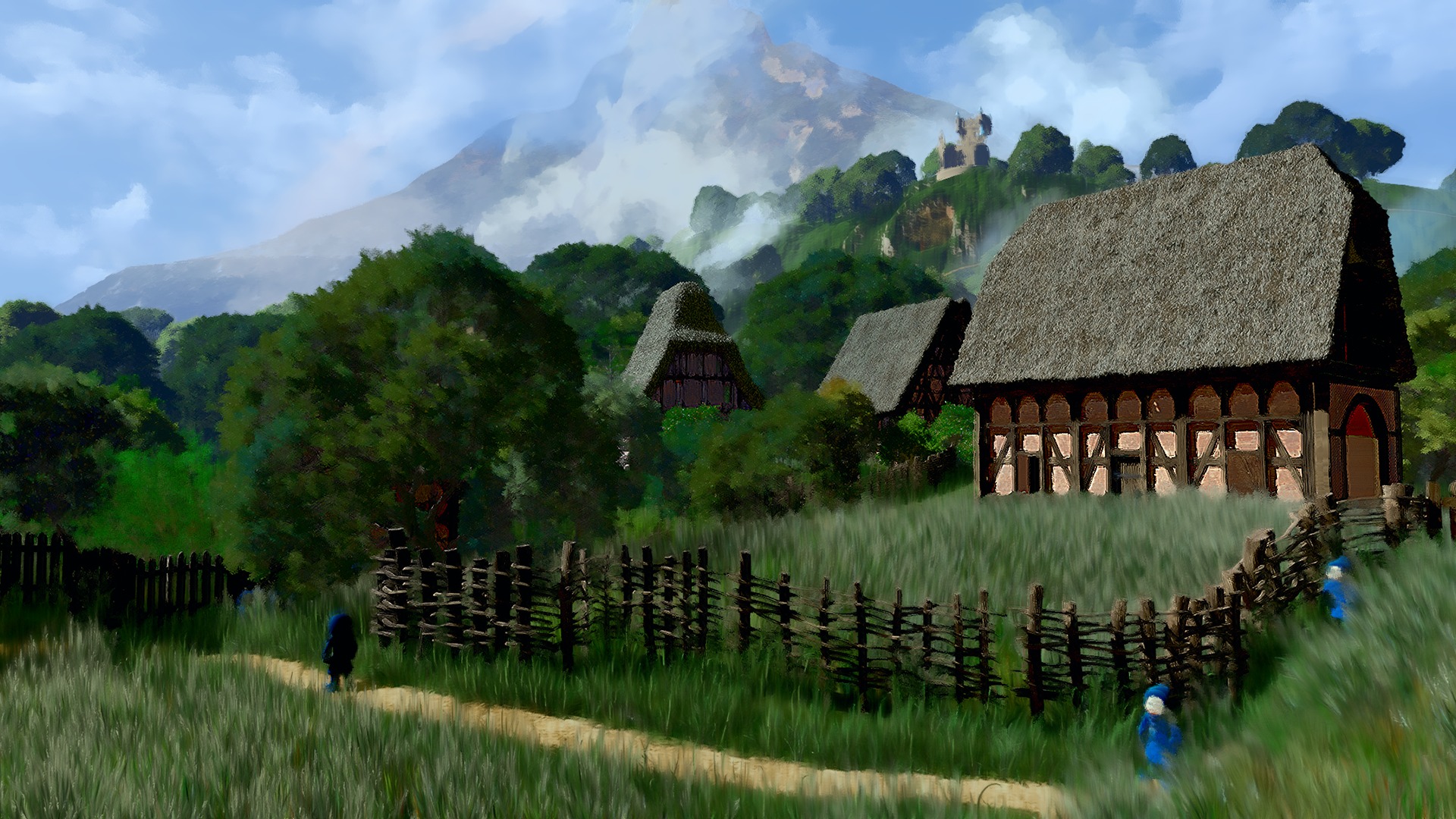 Fachwerk homes, fences, and meadows in a painterly medieval landscape.